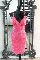 Formal Dresses For Weddings Mothers, Hot Pink Sequins Boydcon Mini Party Dress