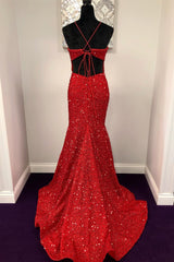 Formal Dresses Website, Halter Mermaid Red Sequins Long Dress