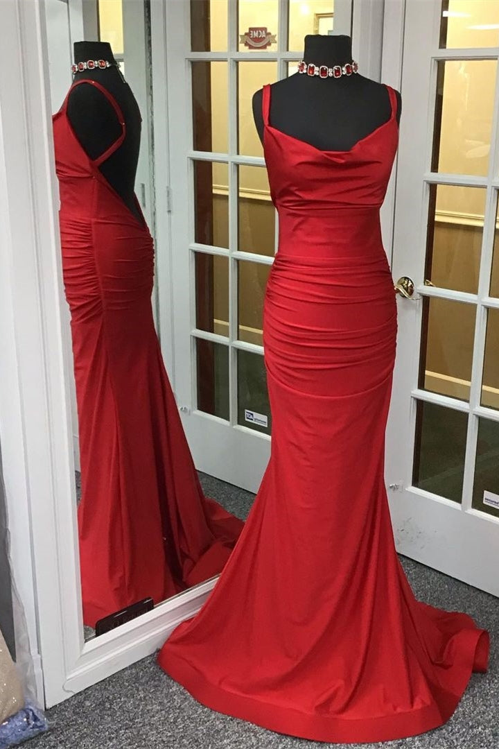 Prom Dresses With Sleeves, Mermaid Red Cowl Neck Long Prom Dress