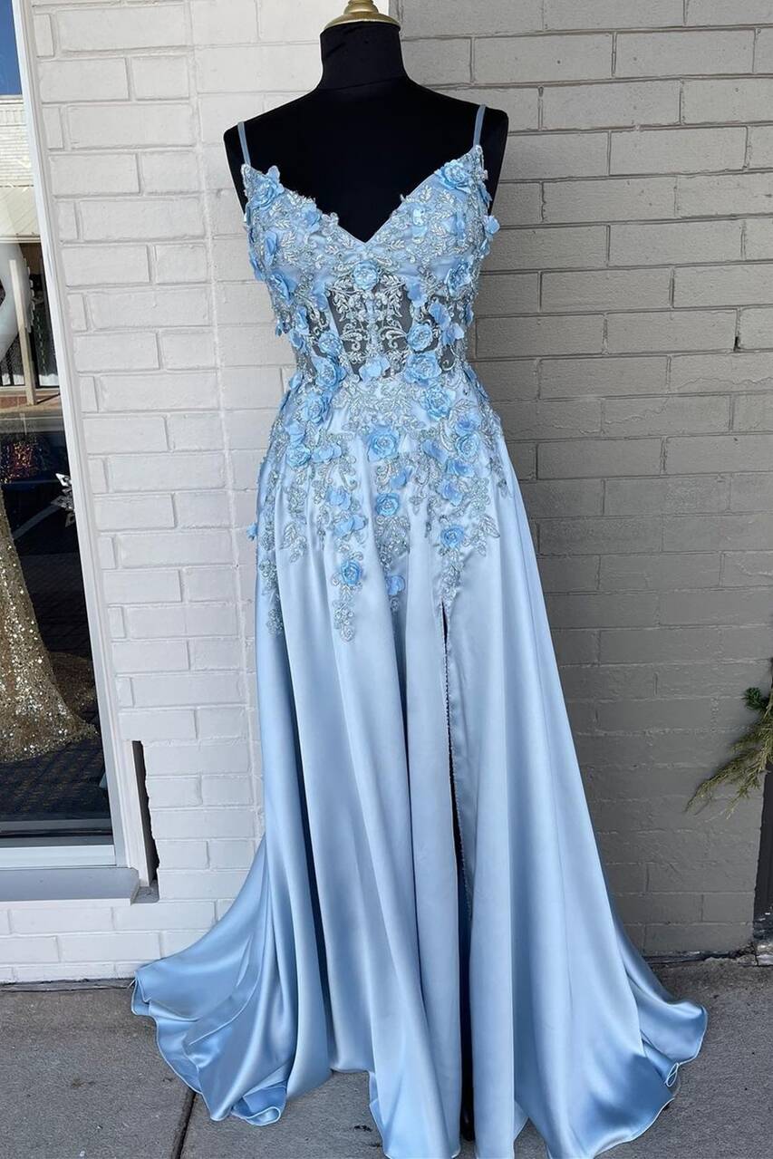 Homecoming Dresses Long, Light Blue A-line 3D Flowers Satin Long Prom Dress