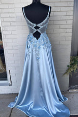 Homecoming Dress Short, Light Blue A-line 3D Flowers Satin Long Prom Dress