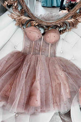 Prom Dress Casual, A-line Dusty Rose Sleeveless Tulle Short Homecoming Dresses