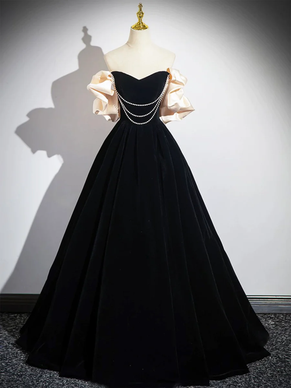 Evening Dress For Party, Black A-Line Velvet Long Prom Dress Formal Party Dress