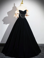 Evening Dress For Wedding, Black A-Line Velvet Long Prom Dress Formal Party Dress