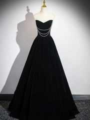 Evening Dresses For Wedding, Black A-Line Velvet Long Prom Dress Formal Party Dress