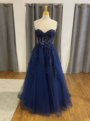 Party Dress Long Sleeve, Dark Navy Long A-line Tulle Lace Backless Formal Prom Dresses