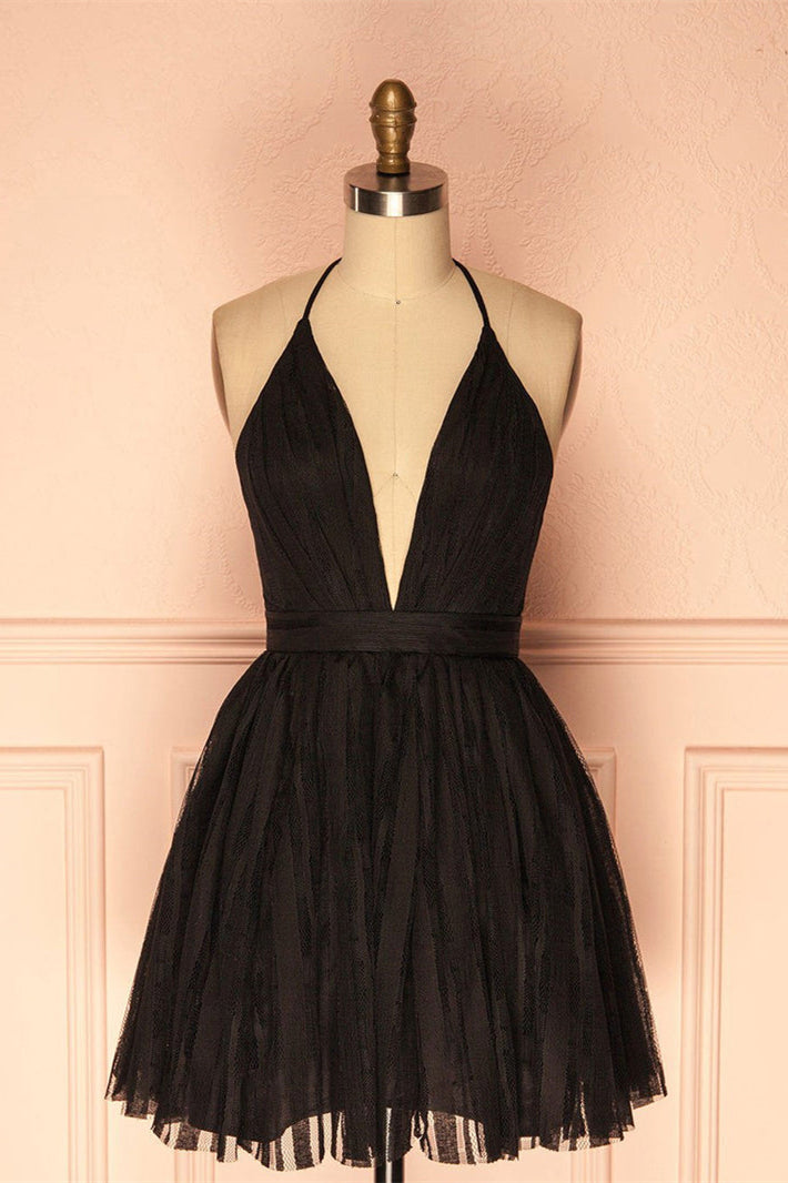 Party Dress Dresses, Deep V Neck Short Black Tulle Homecoming Dress