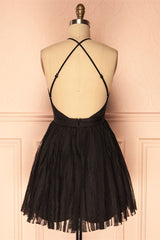 Party Dress Dress, Deep V Neck Short Black Tulle Homecoming Dress