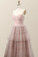 Bridesmaid Dresses Champagne, Straps Blush Tulle Tiered Long Formal Dress