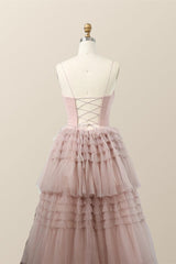 Bridesmaid Dresses Winter, Straps Blush Tulle Tiered Long Formal Dress