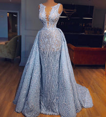 Prom Dress 14, Elegant Blue Lace Sleeveless Deep V Neck Prom Dresses Party Dresses