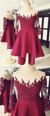 Formal Dress For Ladies, Cute High Low Lace Applique Burgundy Homecoming Dress, Short Prom Dress, E0744