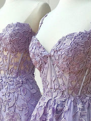 Party Dresses Casual, Purple Sweetheart Neck Lace Long Prom Dresses, Purple Lace Graduation Dress