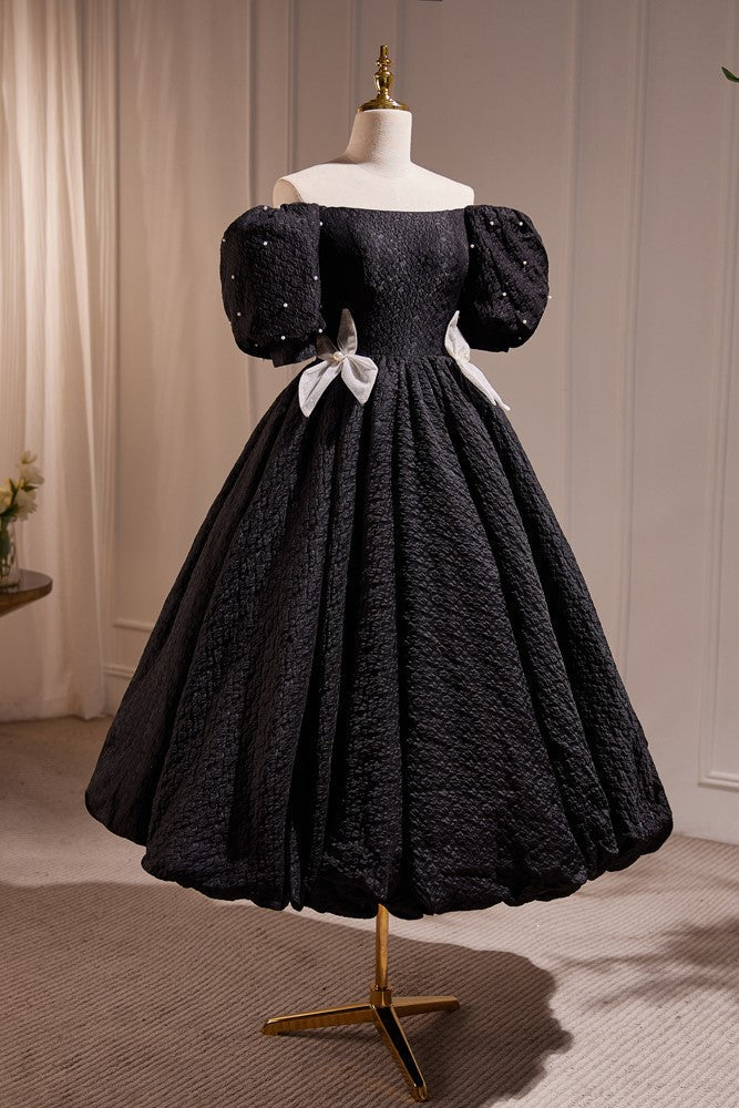 Prom Dresses For Warm Weather, Elegant Black A-Line Off Shoulder Prom Dress with Beads