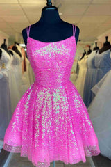 Party Dresses Europe, Cute Hot Pink Sequins A-Line Homecoming Dress Hoco Night Dresses
