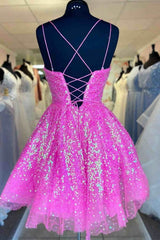 Party Dresses Cocktail, Cute Hot Pink Sequins A-Line Homecoming Dress Hoco Night Dresses