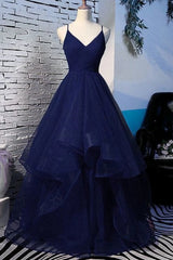 Formal Dress Places Near Me, Fluffy V Neck Navy Blue Long Prom Dress, With Straps V Neck Navy Blue Formal Dress, Navy Blue Evening Dress