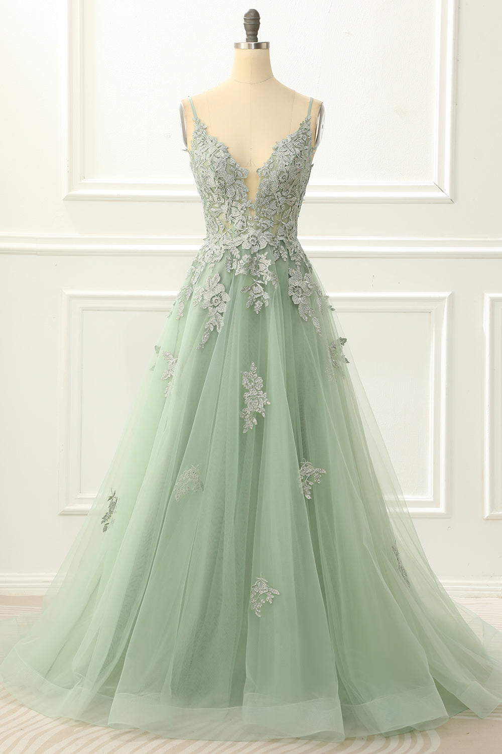 Prom Dresses Suits Ideas, Spaghetti Straps Tulle Green Prom Dress with Appliques