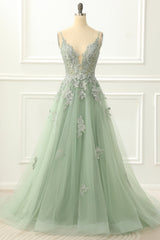 Prom Dresses Suits Ideas, Spaghetti Straps Tulle Green Prom Dress with Appliques