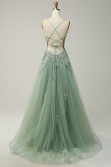 Prom Dress Store, A Line Spaghetti Straps Green Long Prom Dress with Criss Cross Back