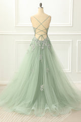 Prom Dresses For Skinny Body, Spaghetti Straps Tulle Green Prom Dress with Appliques