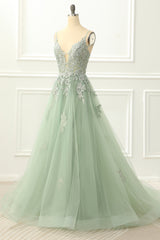 Prom Dress Floral, Spaghetti Straps Tulle Green Prom Dress with Appliques