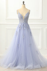 Prom Dresses Long Ball Gown, Spaghetti Straps Tulle Lavender Prom Dress with Appliques