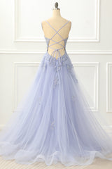 Prom Dresses 2029 Cheap, Spaghetti Straps Tulle Lavender Prom Dress with Appliques