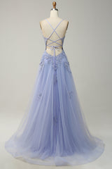Prom Dress Purple, Spaghetti Straps A Line Light Purple Long Prom Dress with Criss Cross Back