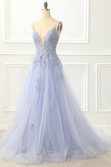 Prom Dress Sleeve, Spaghetti Straps Tulle Lavender Prom Dress with Appliques