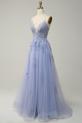 Prom Dresses Long Mermaid, Spaghetti Straps A Line Light Purple Long Prom Dress with Criss Cross Back