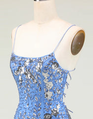Sparklie Prom Dress, Glitter Blue Spaghetti Straps Beaded Sequins Short Tight Homecoming Dress
