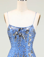 Plu Size Prom Dress, Glitter Blue Spaghetti Straps Beaded Sequins Short Tight Homecoming Dress