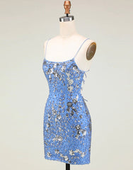 Burgundy Prom Dress, Glitter Blue Spaghetti Straps Beaded Sequins Short Tight Homecoming Dress