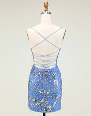 Dance Dress, Glitter Blue Spaghetti Straps Beaded Sequins Short Tight Homecoming Dress
