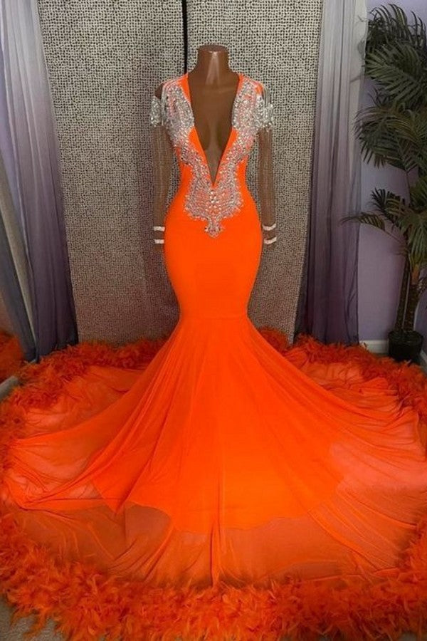 Party Dresses Short Clubwear, Gorgeous Orange Long Mermaid Tassel V-neck Prom Dress with Sleeves