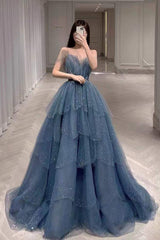 Party Dress Miami, Gorgeous Blue Sparkly Tulle Beaded Prom Dress, Tiered Formal Gown with Rhinestone
