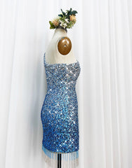 Evening Dresses With Sleeves, Gorgeous Sparkly Sequin One Shoulder Tight Homecoming Dress With Fringe
