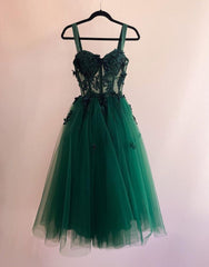 Evening Dress Princess, Green Knee Length Straps Tulle Homecoming Dress With Appliques
