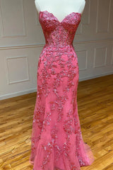 Bridesmaid Dress Mauve, Coral Sweetheart Lace-Up Long Mermaid Prom Dress with Appliques