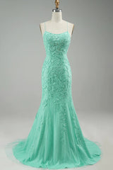 Prom Dresses 2043, Mint Spaghetti Straps Appliques Mermaid Long Prom Dress
