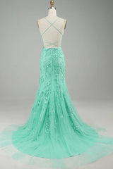 Prom Dresses Ideas, Mint Spaghetti Straps Appliques Mermaid Long Prom Dress