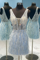 Prom Dress Long, Light Blue Beaded Sequins Tight Homecoming Dress with Feathers