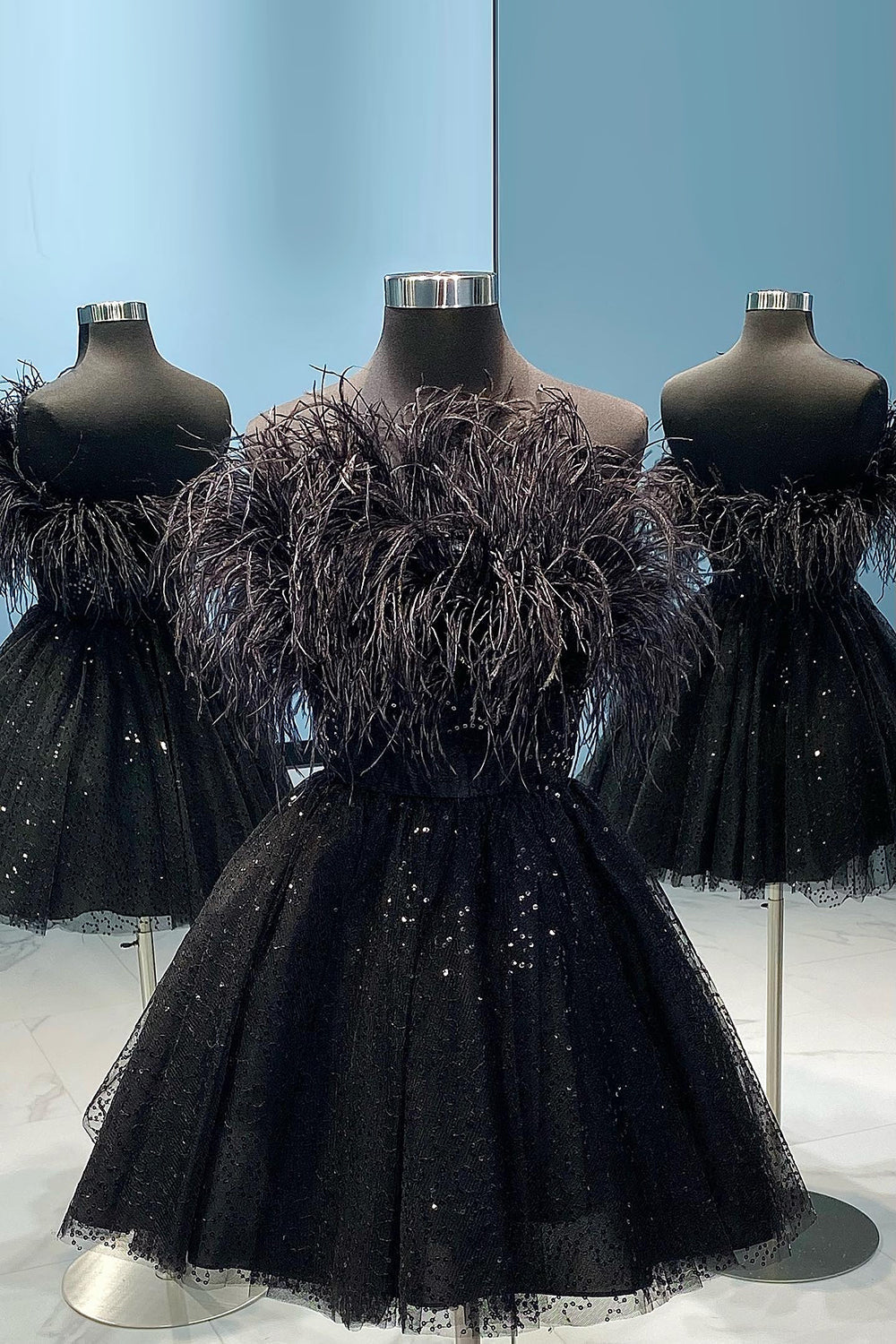 Homecoming Dress Under 72, Black A-Line Strapless Homecoming Dress with Feathers