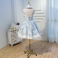 Formal Dresses Outfit, Halter Light Sky Blue Lace Appliques Homecoming Dresses With Lace Up Cocktail Dresses