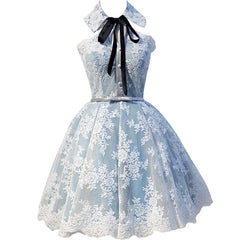 Formal Dresses Outfits, Halter Light Sky Blue Lace Appliques Homecoming Dresses With Lace Up Cocktail Dresses