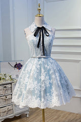 Formal Dress Simple, Halter Light Sky Blue Lace Appliques Homecoming Dresses With Lace Up Cocktail Dresses