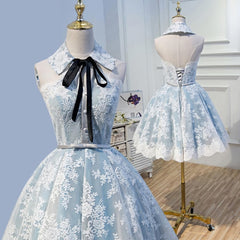 Formal Dresses Ball Gown, Halter Light Sky Blue Lace Appliques Homecoming Dresses With Lace Up Cocktail Dresses