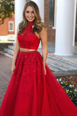 Prom Dress Inspiration, Halter Two Piece Tulle Red Long Prom Dress With Beaded Appliques