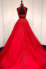 Party Dress Black And Gold, Halter Two Piece Tulle Red Long Prom Dress With Beaded Appliques